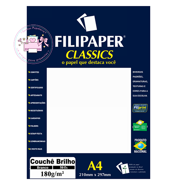 Papel Couchê Brilho Filipaper Branco -  180g 50 Folhas